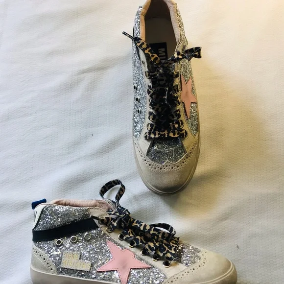 Golden goose mid star Silver Glitter High-Top Sneakers with Pink Star - Picture 5 of 16